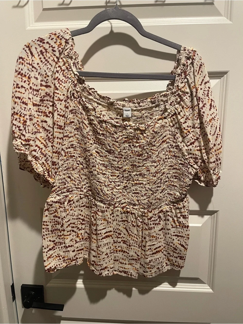 Smocked Peasant Blouse in Cream and Brown